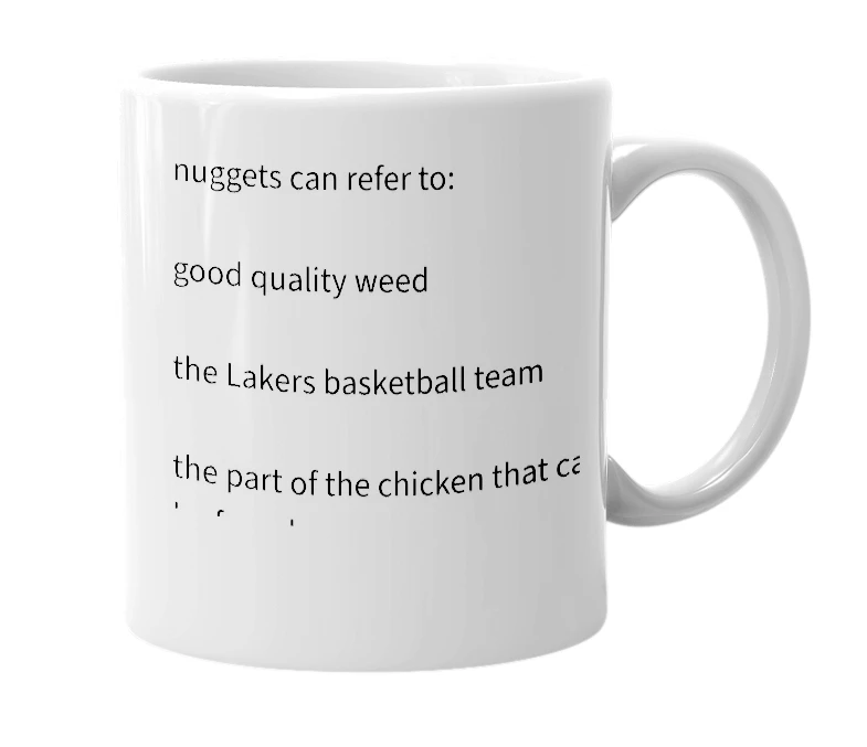 White mug with the definition of 'nuggets'