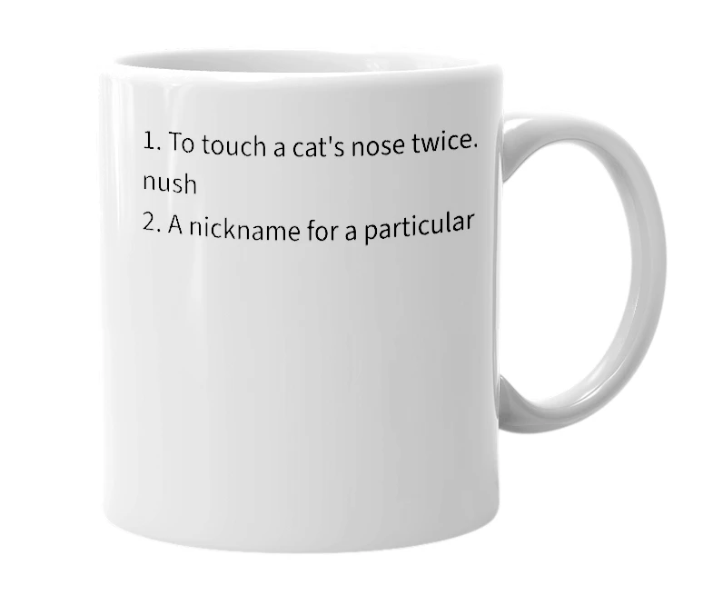 White mug with the definition of 'nushnush'