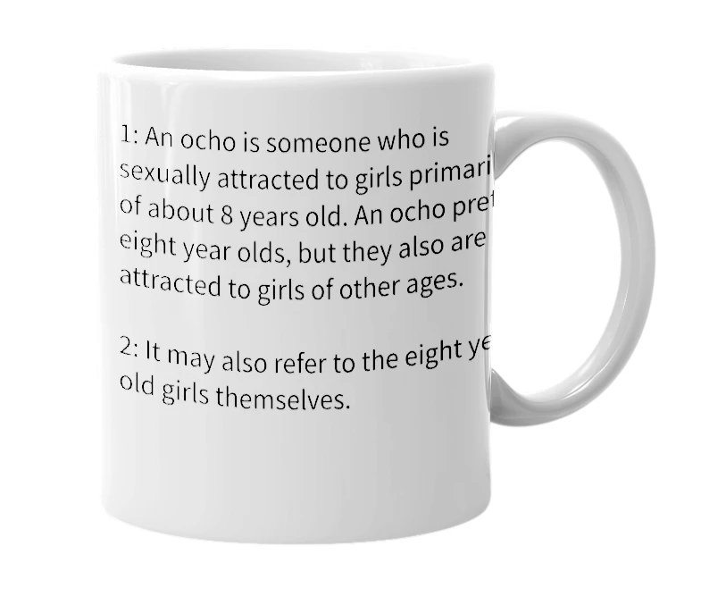 White mug with the definition of 'ocho'