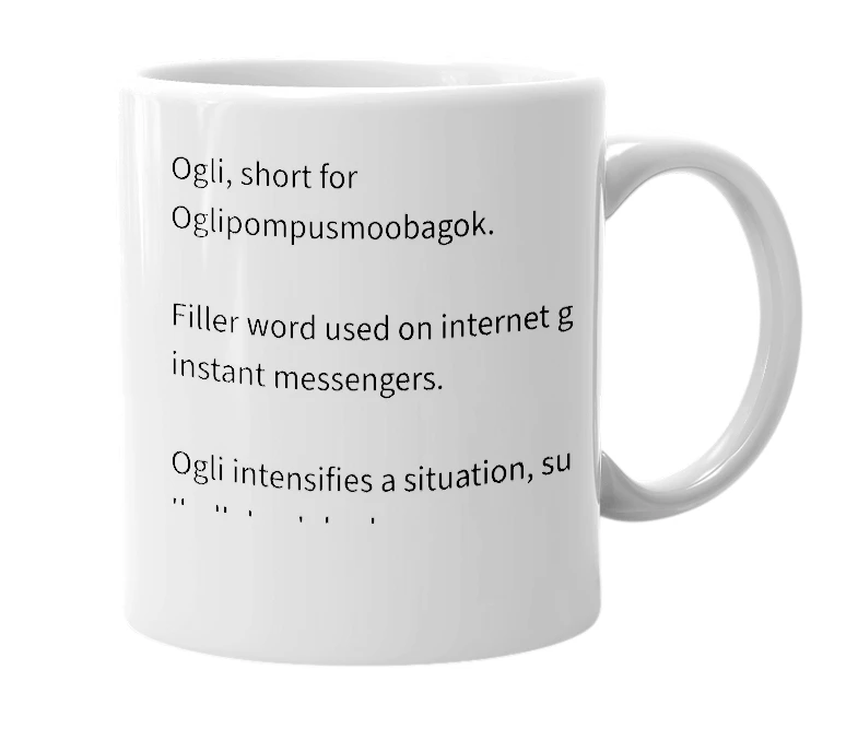 White mug with the definition of 'ogli'