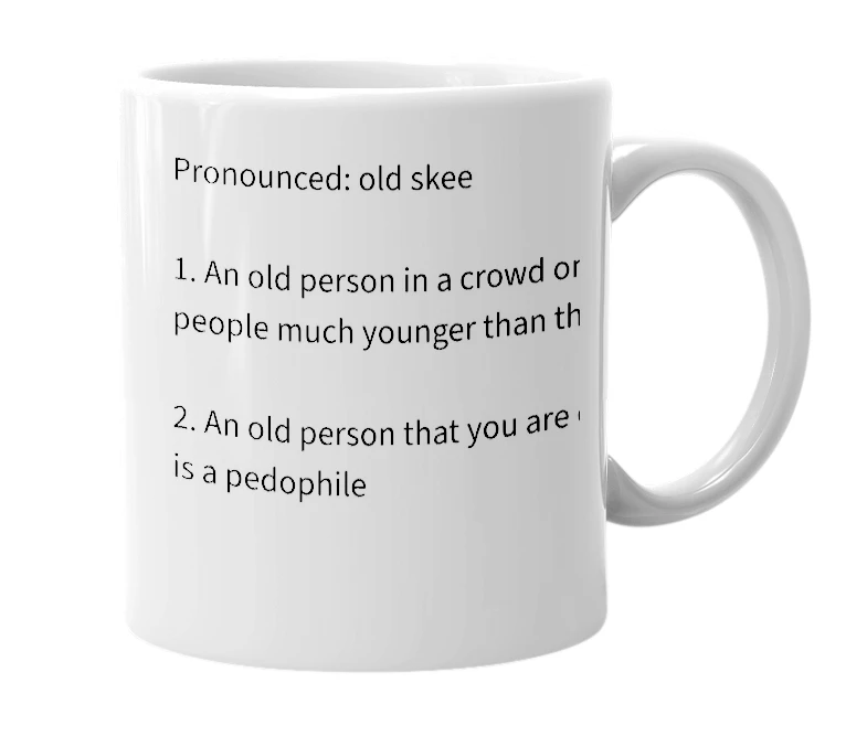 White mug with the definition of 'oldski'