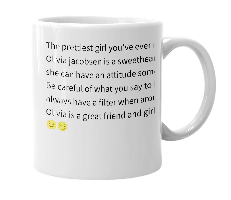 White mug with the definition of 'olivia jacobsen'