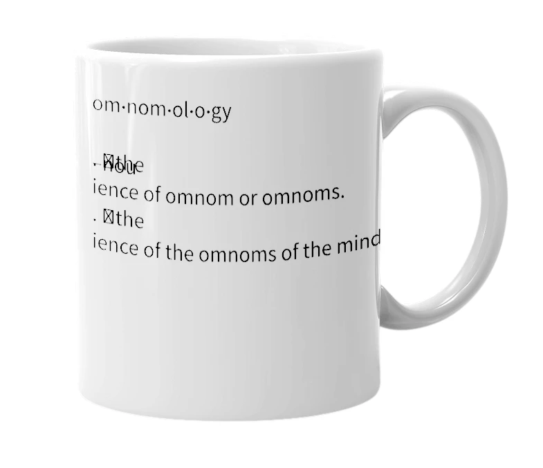 White mug with the definition of 'omnomology'