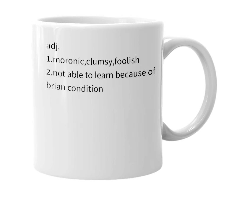 White mug with the definition of 'on-cow-cow'