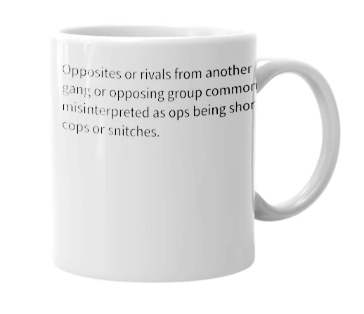 White mug with the definition of 'ops'