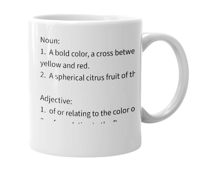 White mug with the definition of 'orange'