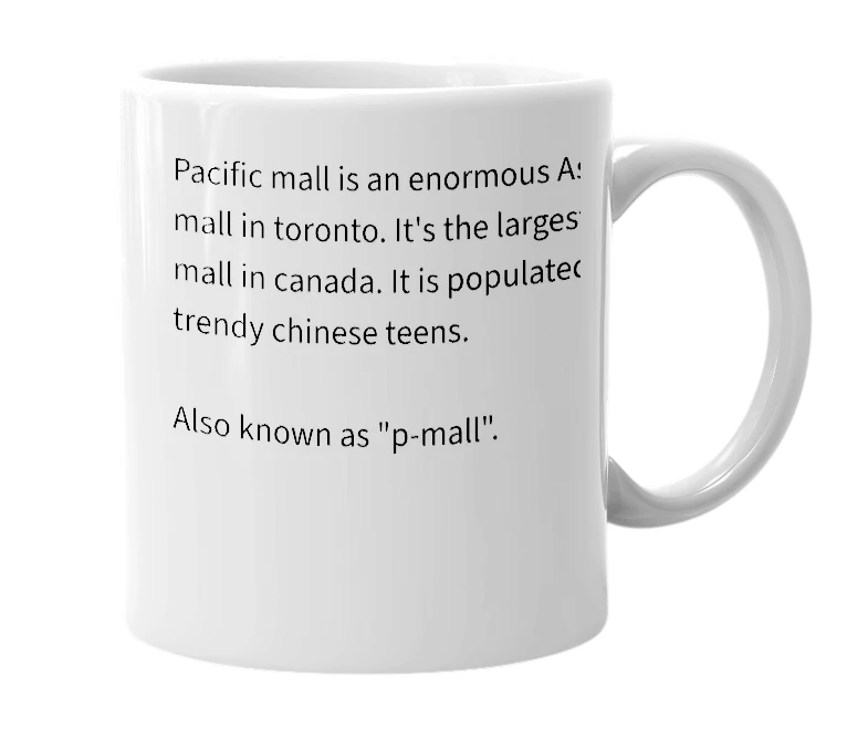 White mug with the definition of 'pacific mall'