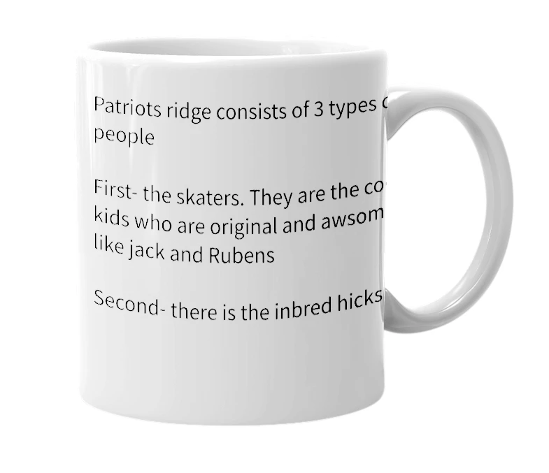 White mug with the definition of 'patriots ridge'