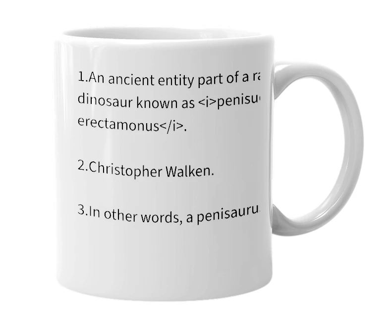 White mug with the definition of 'penisaurus rex'