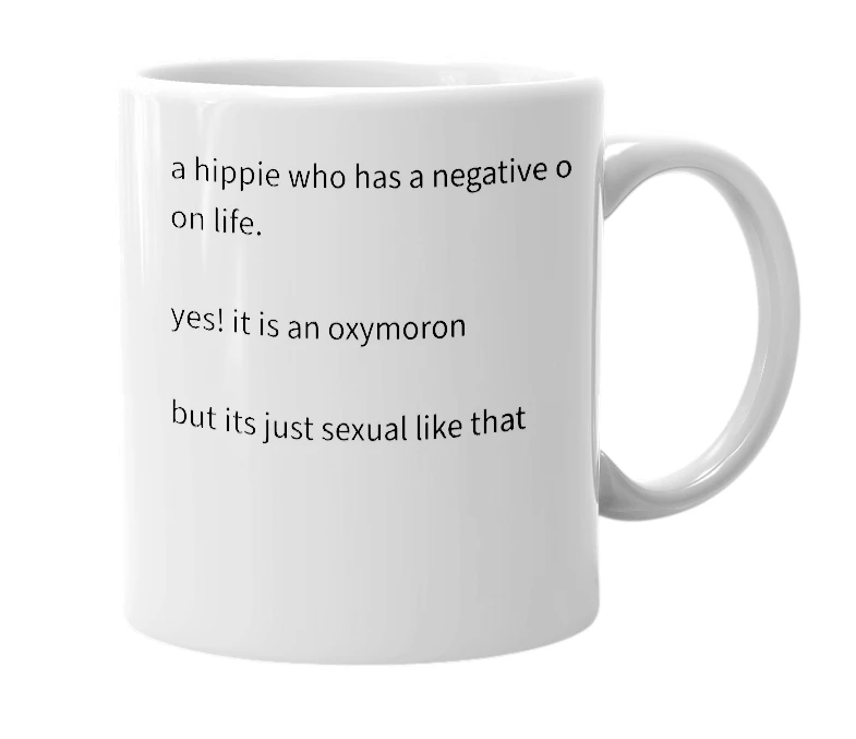 White mug with the definition of 'pessimistic hippie'