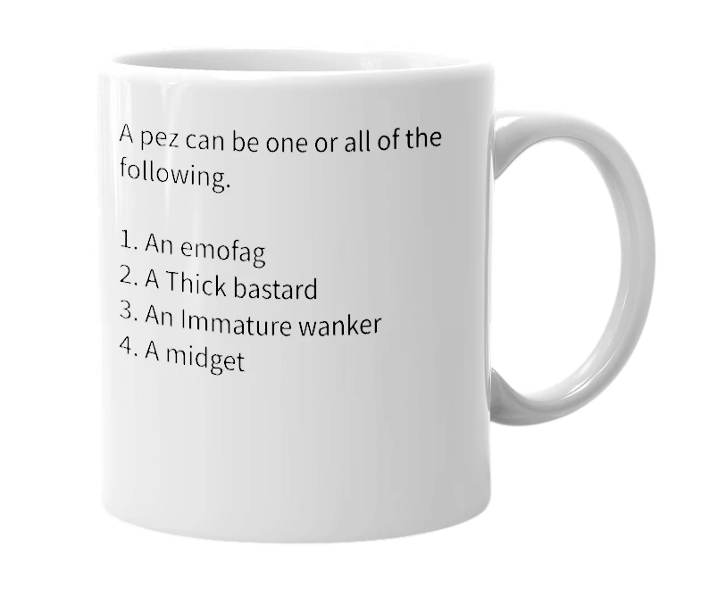 White mug with the definition of 'pez'