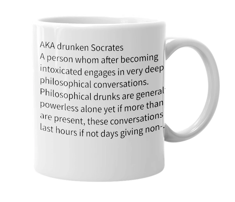 White mug with the definition of 'philosophical drunk'