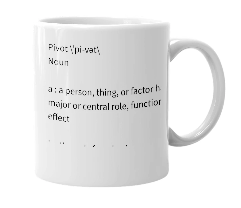 White mug with the definition of 'pivot'