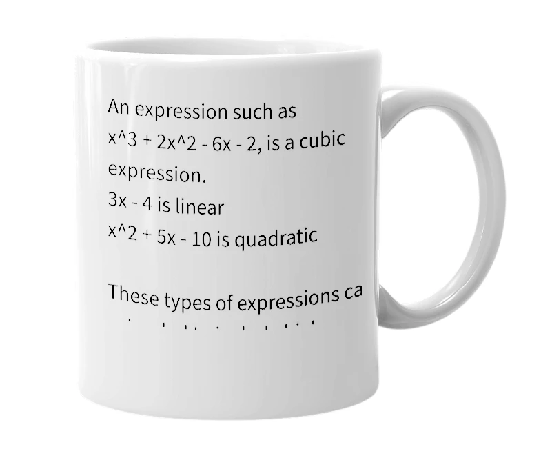 White mug with the definition of 'polynomial'