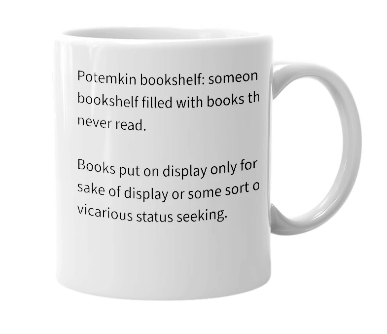 White mug with the definition of 'potemkin bookshelf'