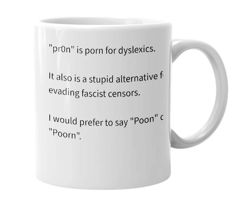 White mug with the definition of 'pr0n'