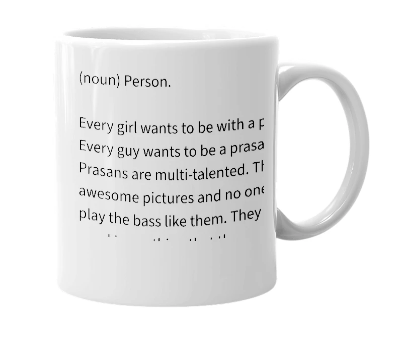 White mug with the definition of 'prasan'