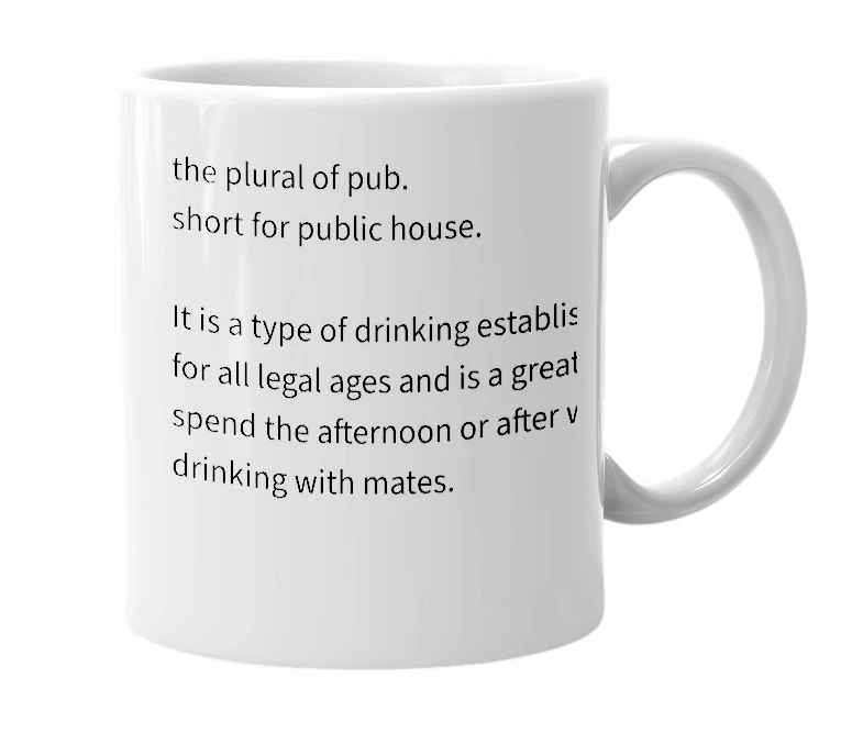 White mug with the definition of 'pubs'