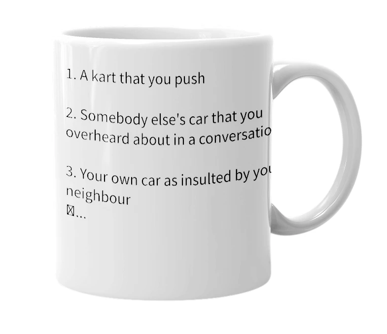 White mug with the definition of 'push-kart'