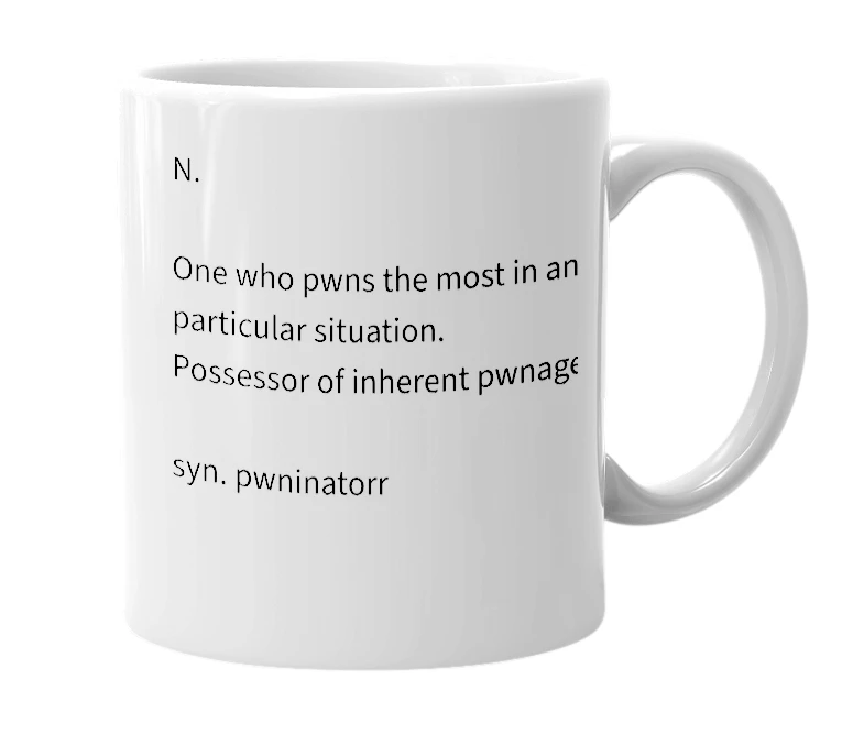 White mug with the definition of 'pwnerer'