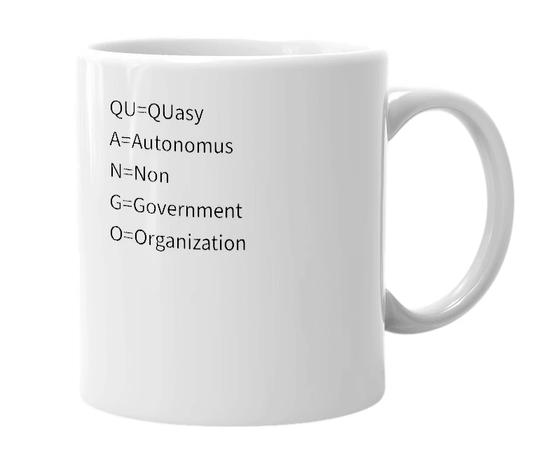 White mug with the definition of 'quango'