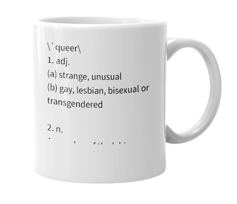 White mug with the definition of 'queer'