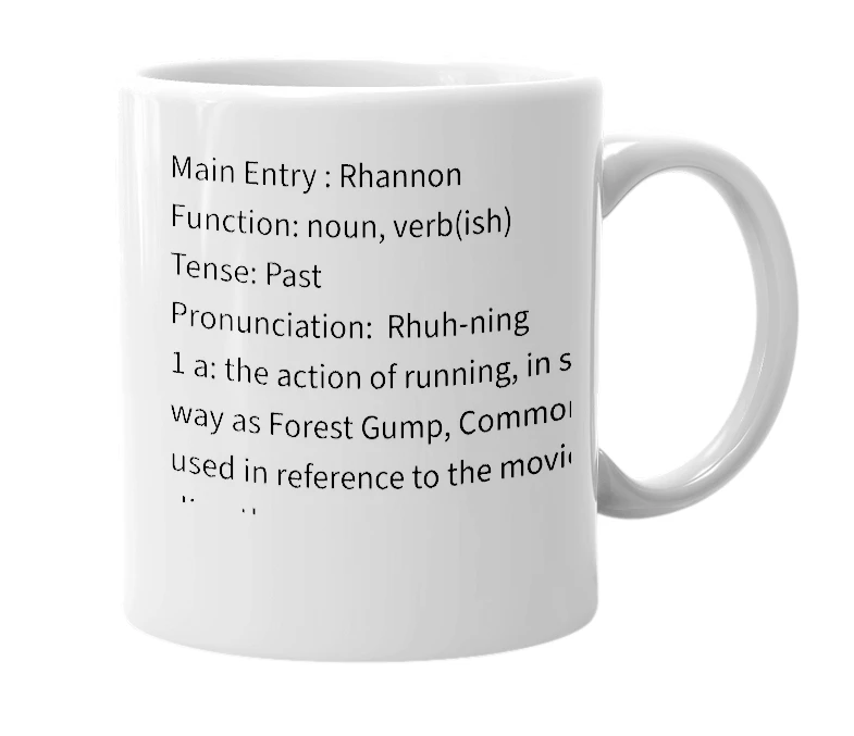 White mug with the definition of 'rhannon'