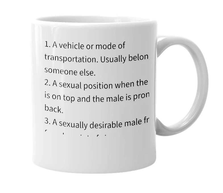 White mug with the definition of 'ride'