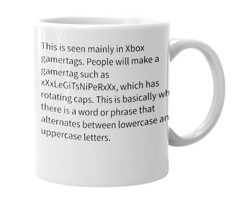 White mug with the definition of 'rotating caps'