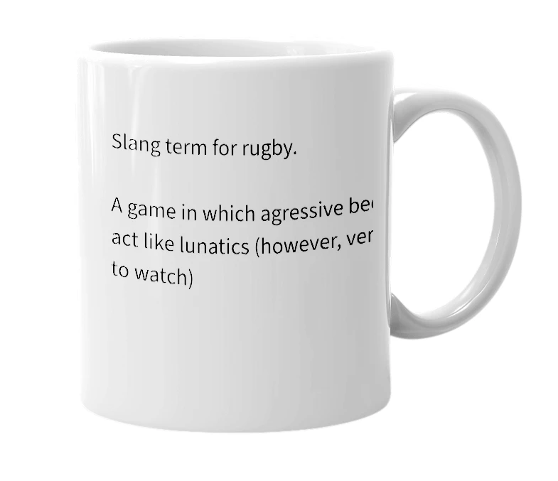 White mug with the definition of 'ruggers'