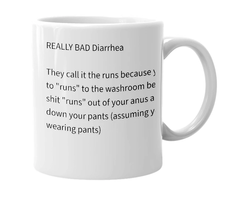 White mug with the definition of 'runs'