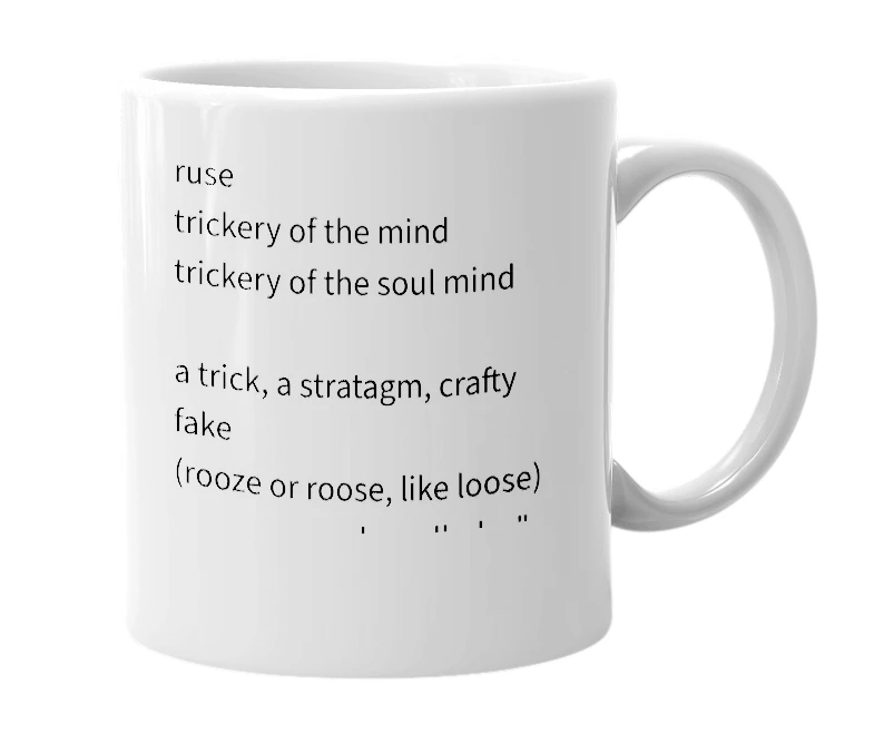 White mug with the definition of 'ruse'