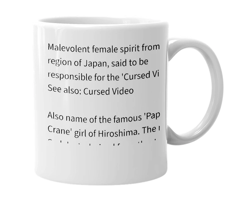 White mug with the definition of 'sadako'