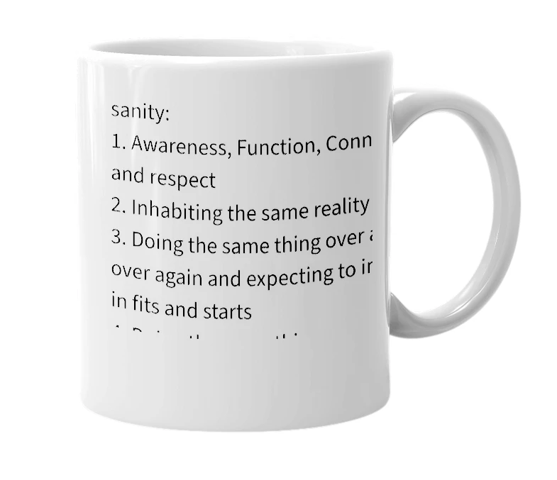 White mug with the definition of 'sanity'