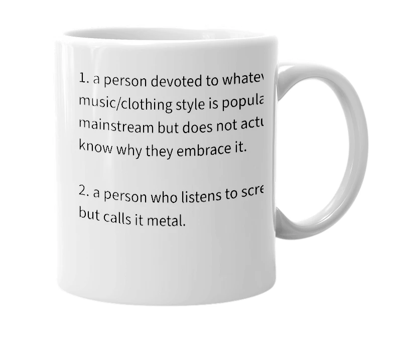 White mug with the definition of 'scenetard'