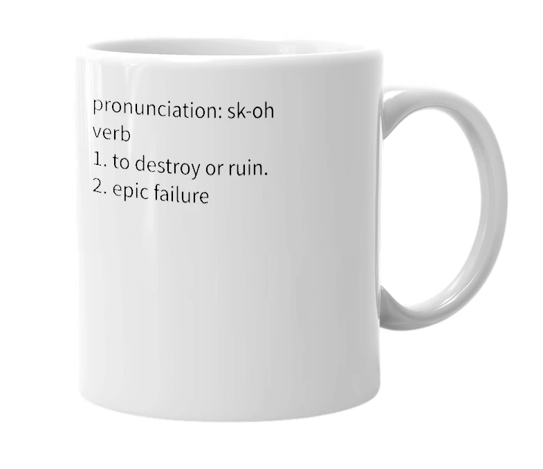 White mug with the definition of 'scho'