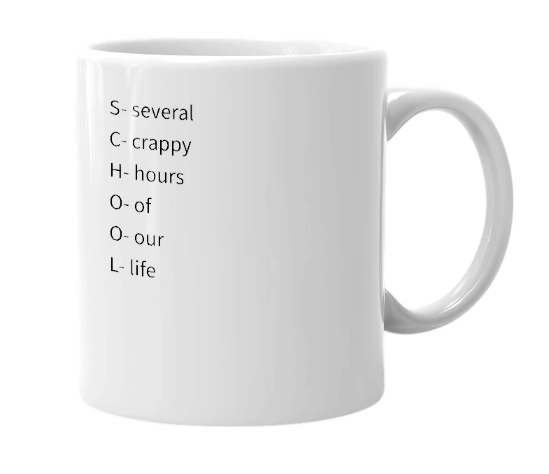 White mug with the definition of 'school'