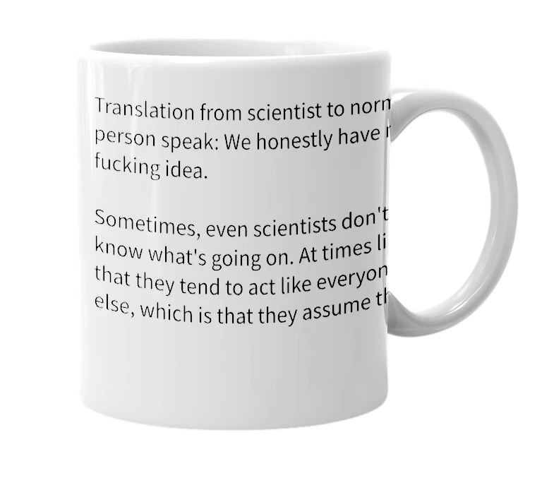 White mug with the definition of 'scientific consensus'