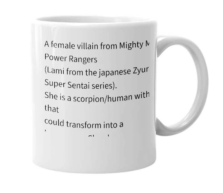 White mug with the definition of 'scorpina'