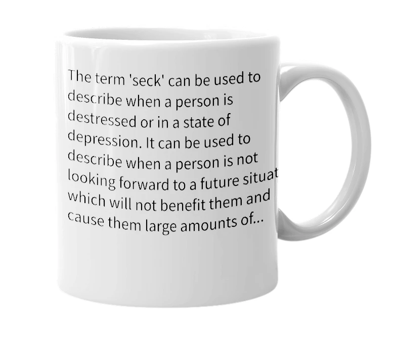 White mug with the definition of 'seck'