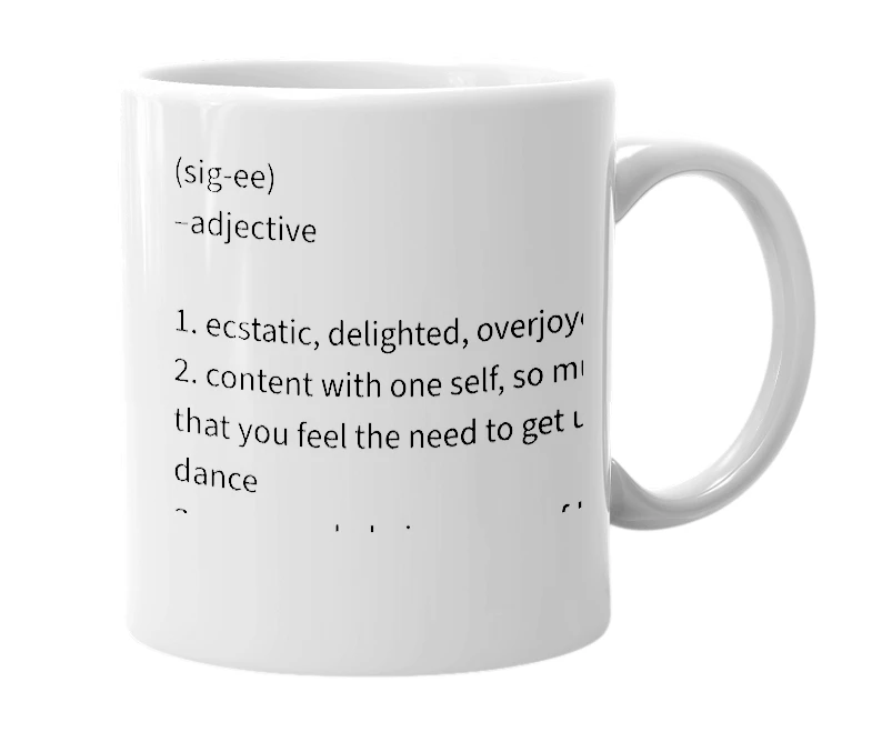 White mug with the definition of 'segui'