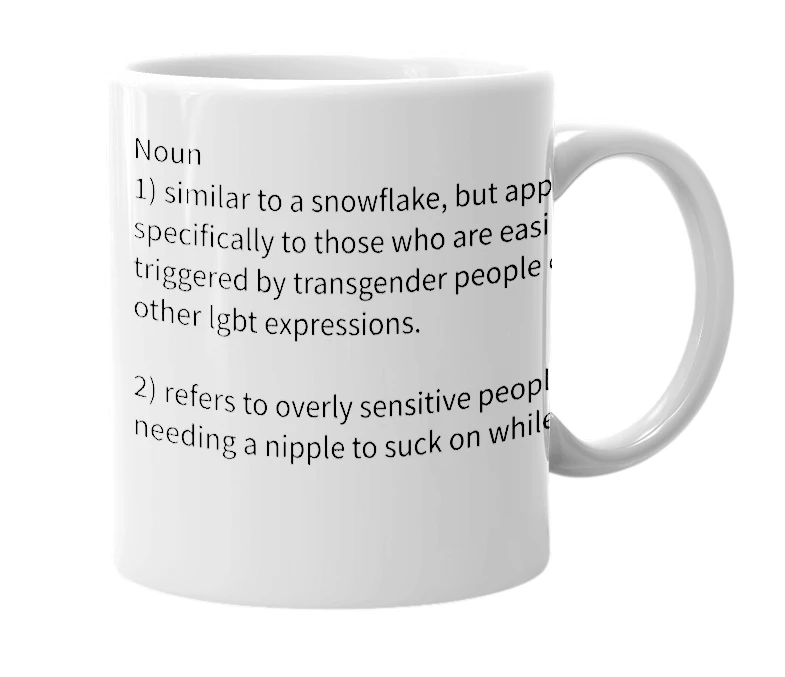 White mug with the definition of 'sensitive nipple'