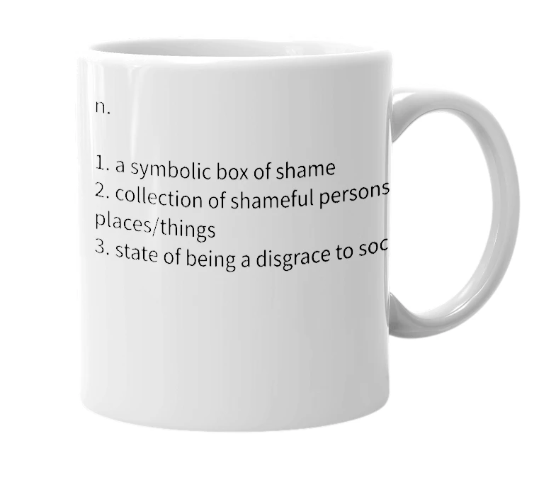 White mug with the definition of 'shamebox'