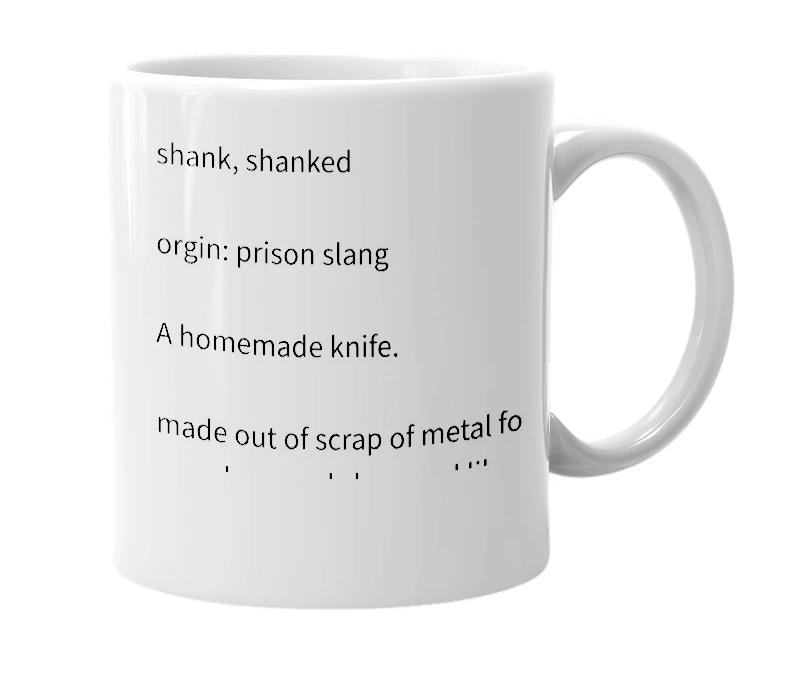 White mug with the definition of 'shank'