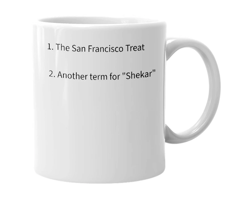 White mug with the definition of 'shekaroni'