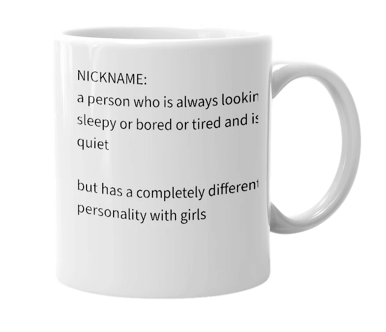 White mug with the definition of 'snoozy'