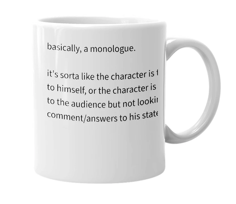 White mug with the definition of 'soliloquy'