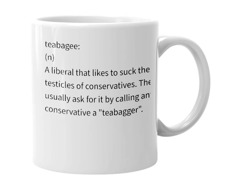 White mug with the definition of 'teabaggee'