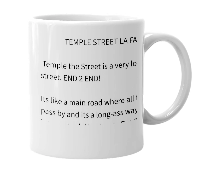 White mug with the definition of 'temple street trece'