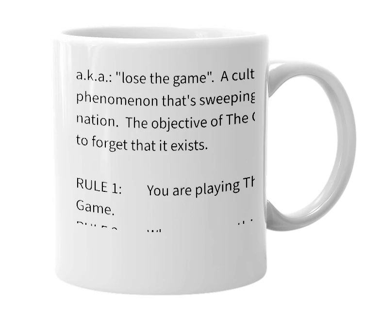 White mug with the definition of 'the game'